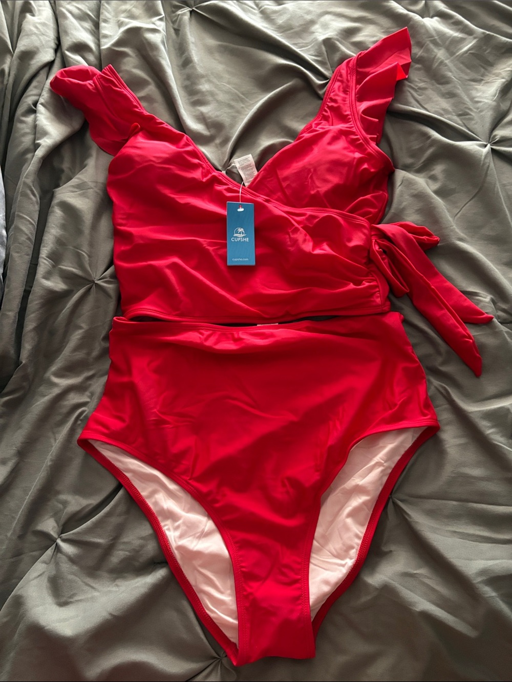 Cupshe Crimson Ruffle Shoulder Two-Piece with Side Tie